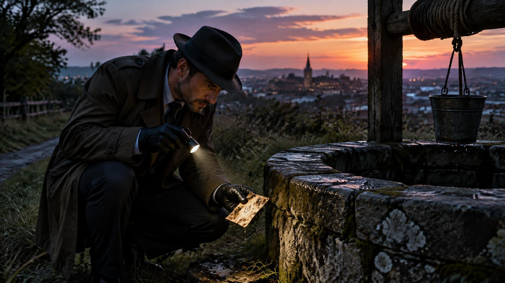 detective at old well at dusk