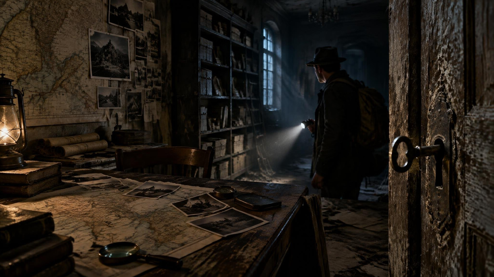 old room with maps and photos