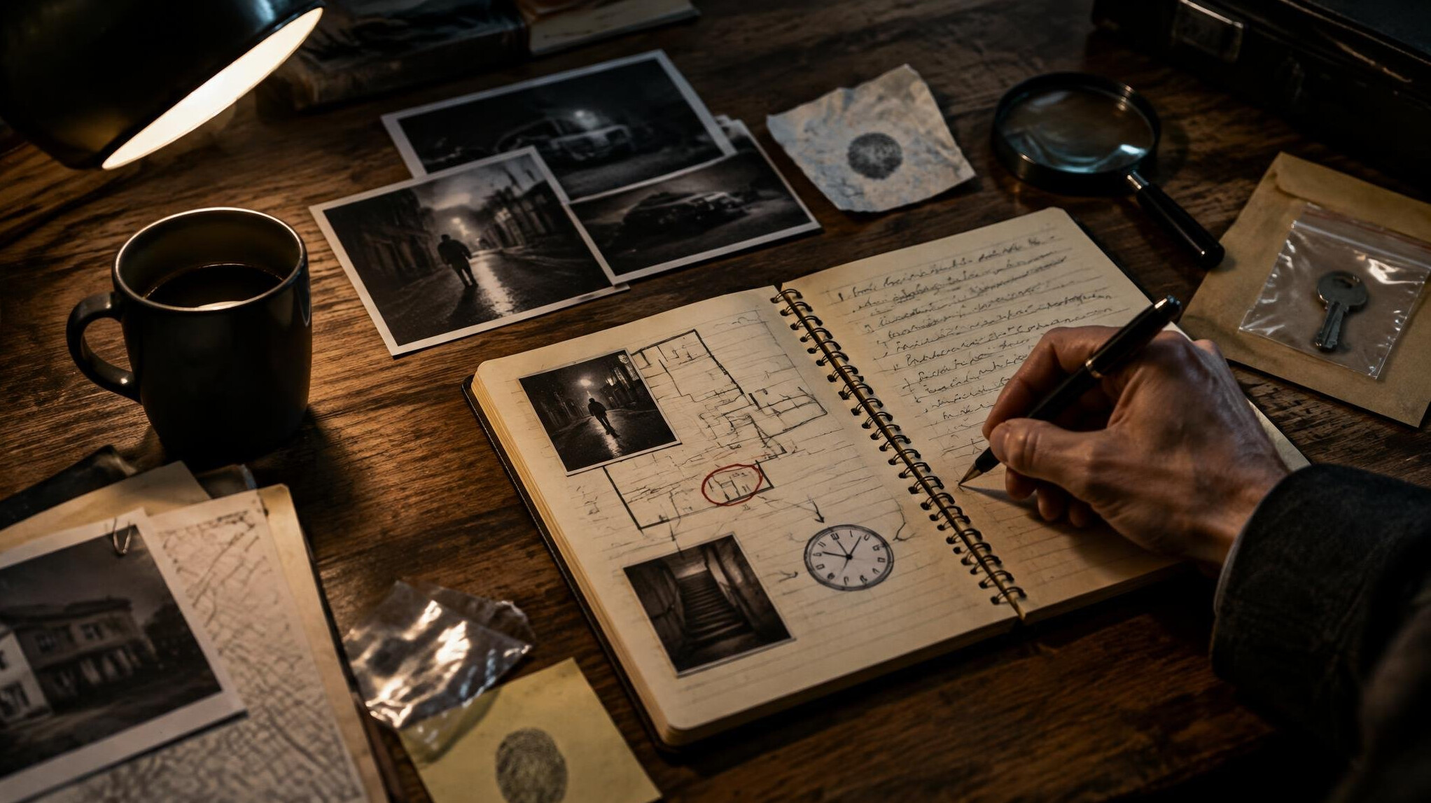 detective notebook and clues