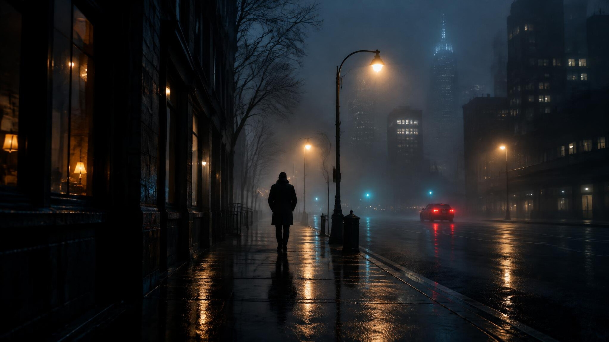 foggy city street at night