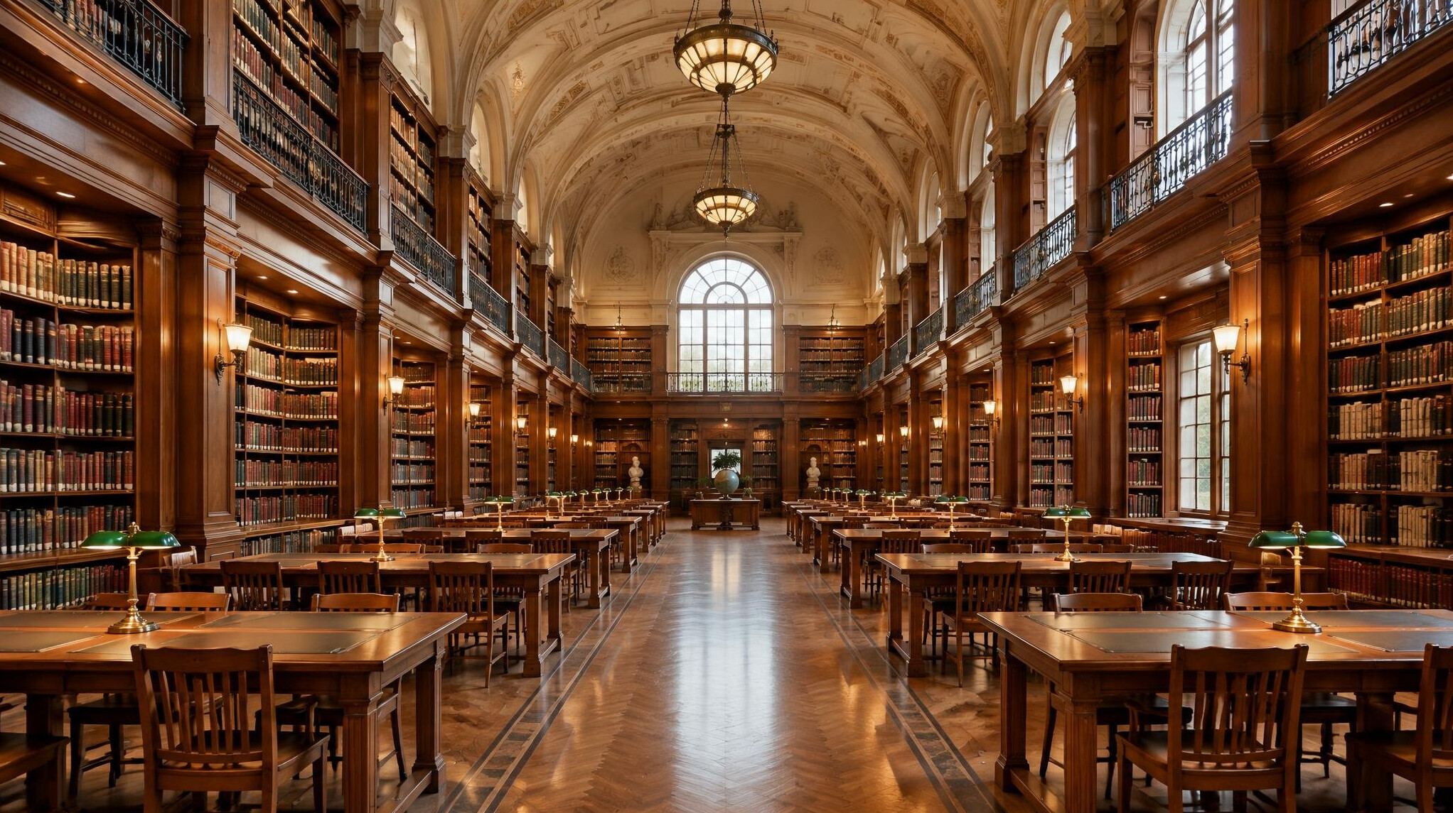 Grand library hall with rows of bookshelves