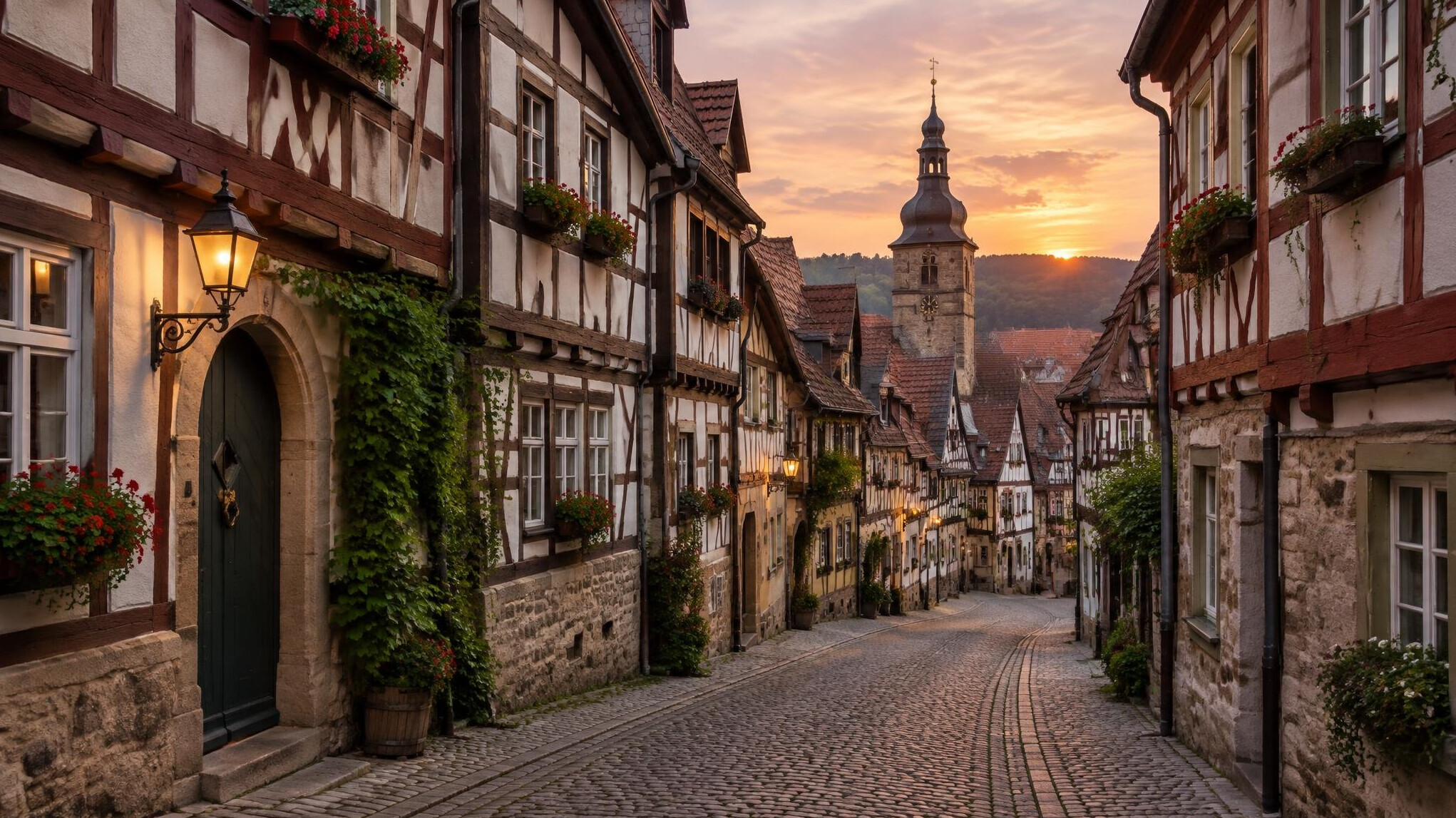 Narrow old European street with historic buildings