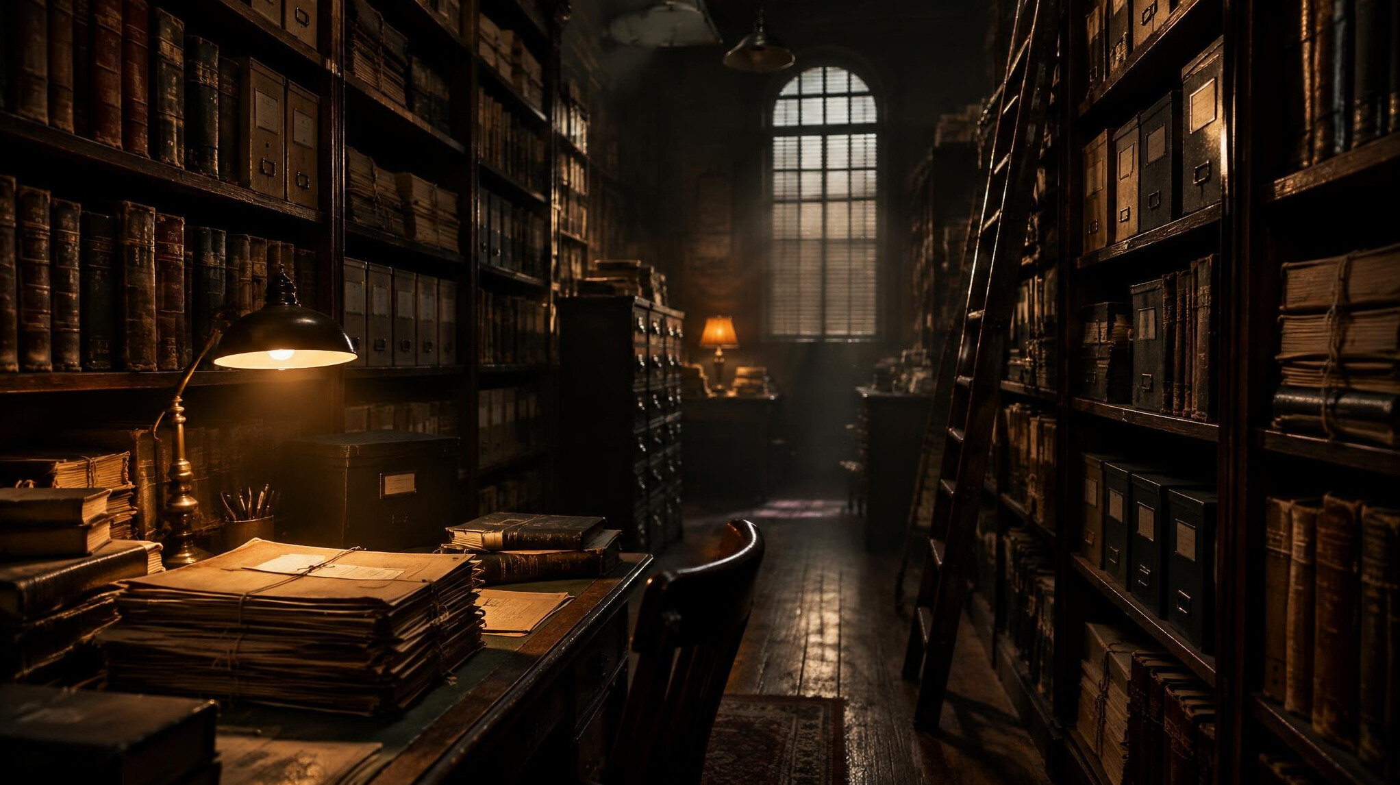Old archive library with tall wooden shelves and warm lamp light