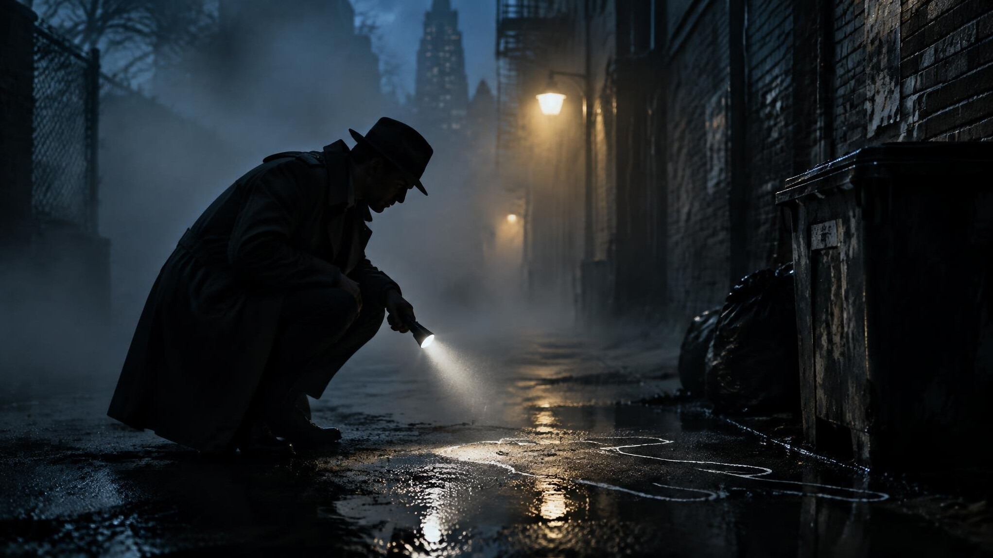 shadowy detective in fog