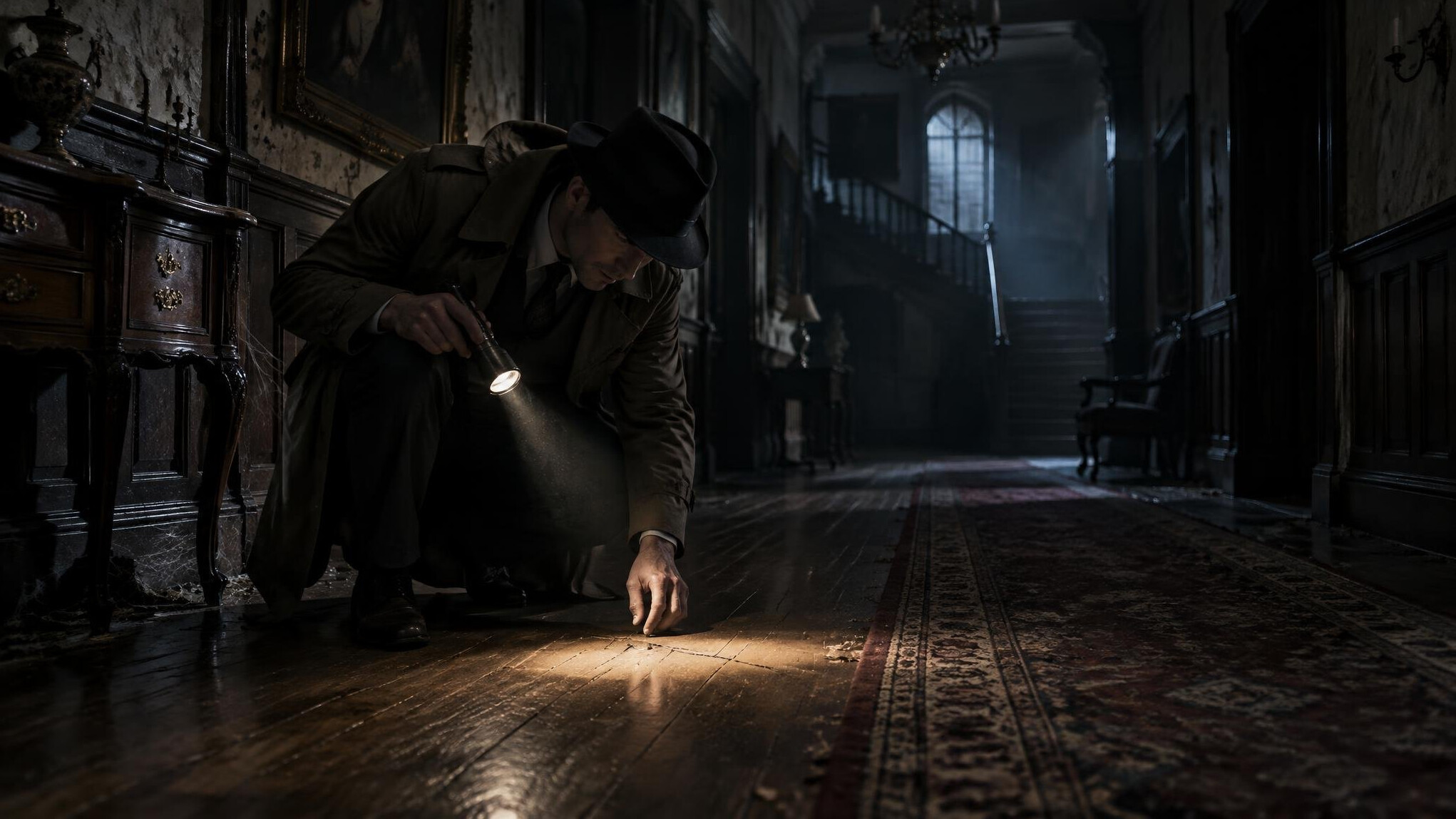 detective searching old house interior