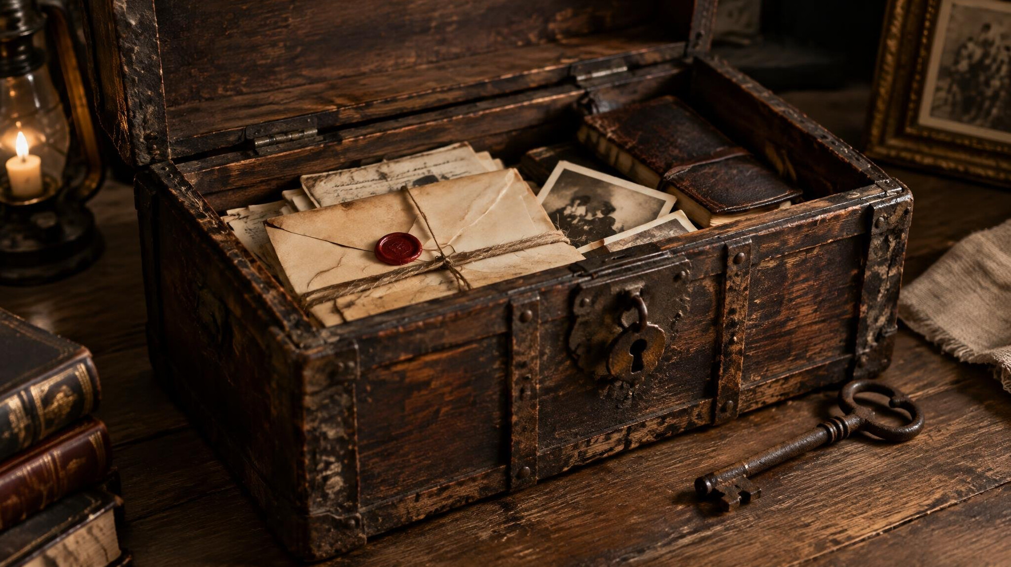 old wooden chest with letters