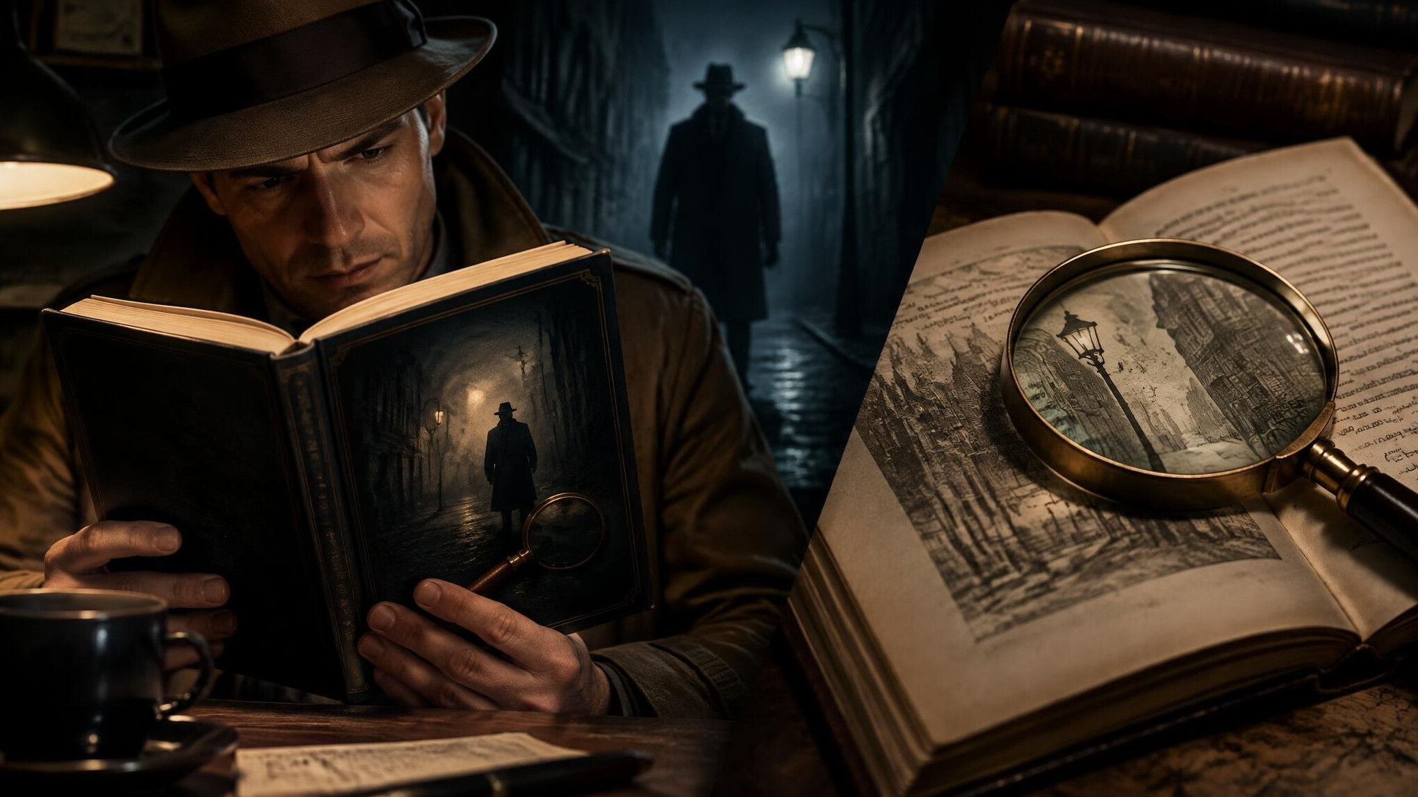detective reading mystery book