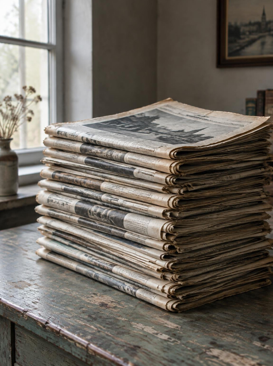 Stack of folded newspapers on a table