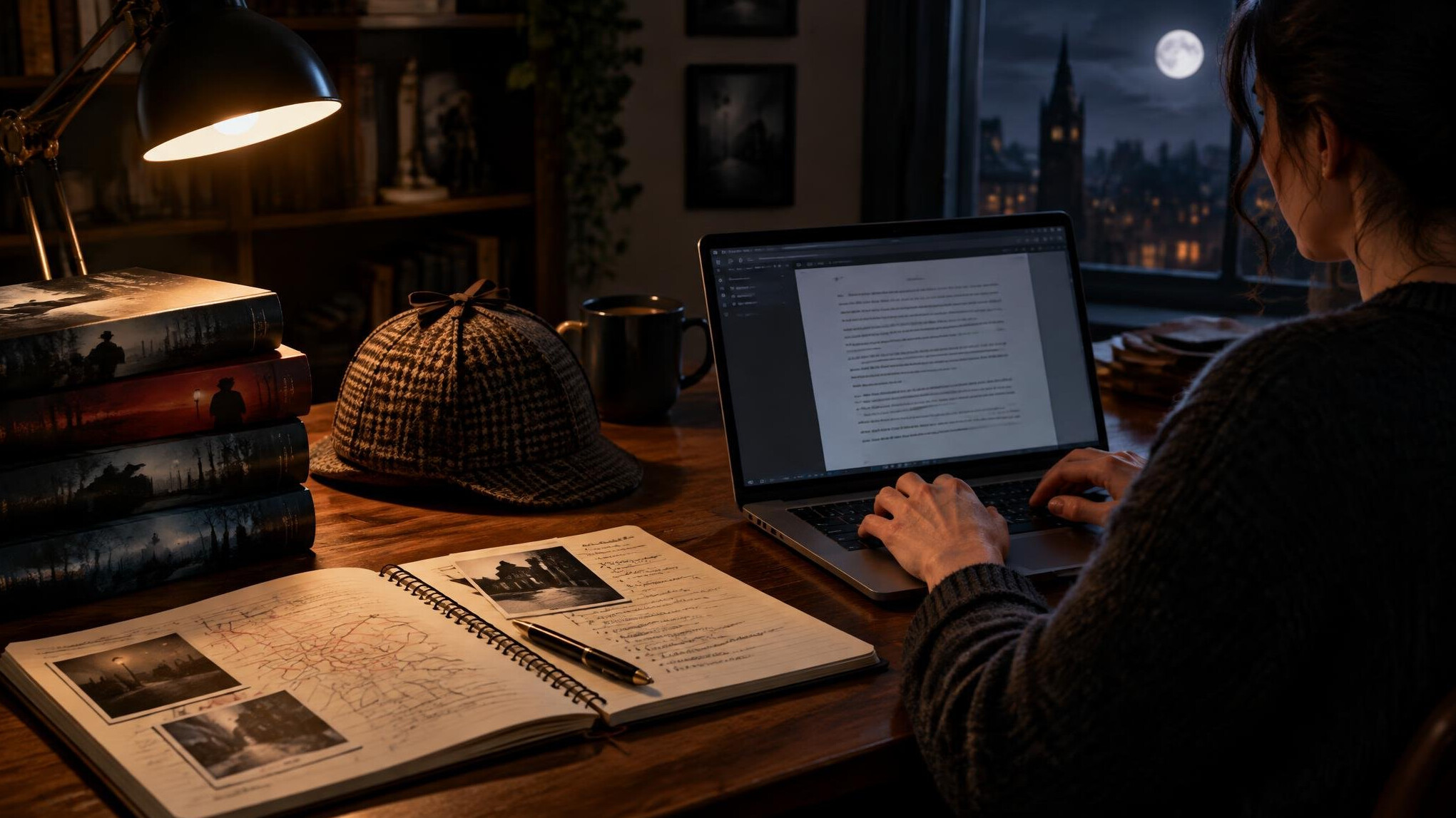 writer typing on laptop at night