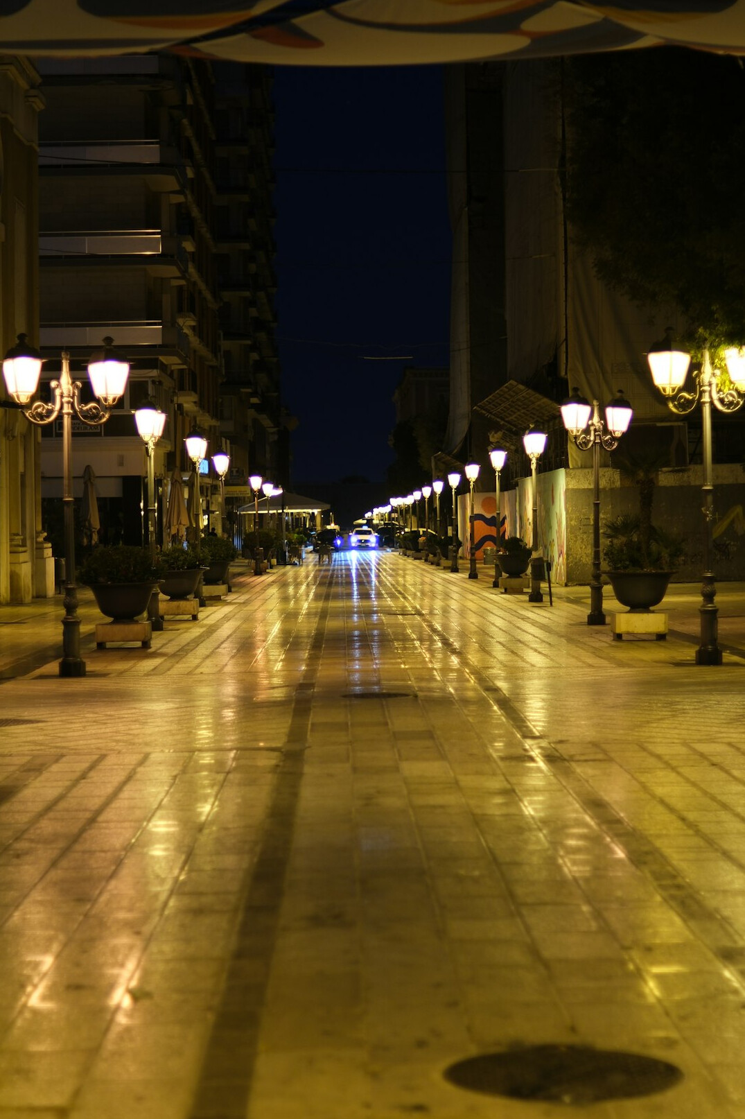 Empty city street at dusk with wet pavement and street lamps